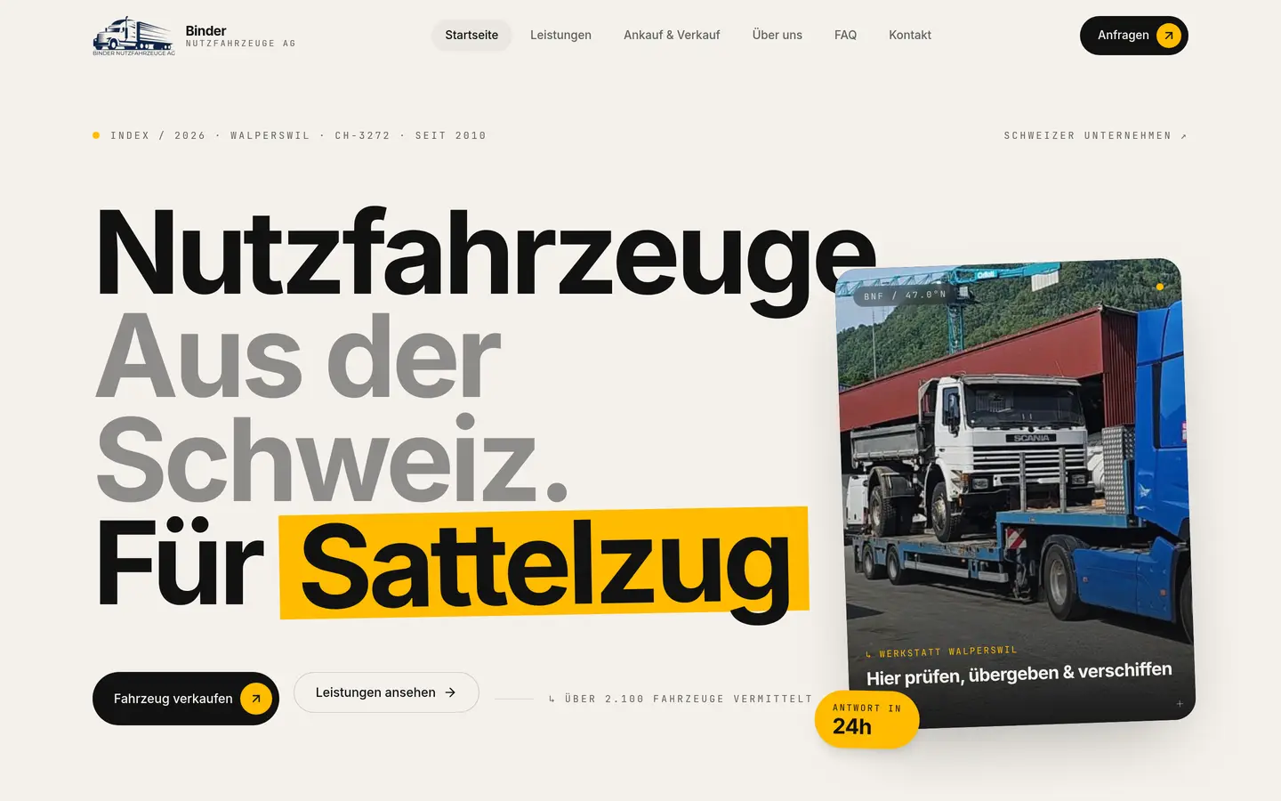 Website der Binder Nutzfahrzeuge AG, Nutzfahrzeuge, Startseite auf dem Desktop